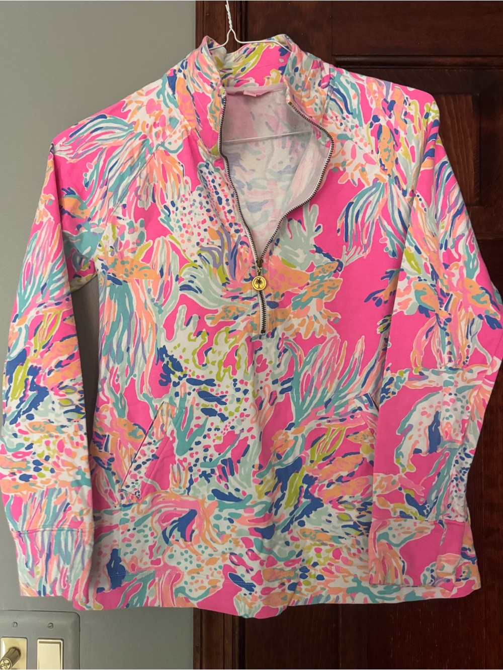 Lilly Pulitzer Skipper Popover S Small Pink Teal Coral Zip Jacket top
